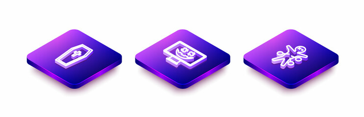 Set Isometric line Coffin with christian cross, Happy Halloween holiday and Voodoo doll icon. Vector
