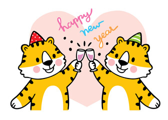 Cartoon cute Happy New Year 2022 Tiger greeting vector.
