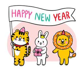 Cartoon cute Happy New Year 2022 Tiger  and rabbit and lion greeting vector.
