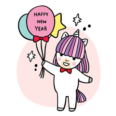 Cartoon cute Christmas and New year Unicorn and sweet balloon vector.