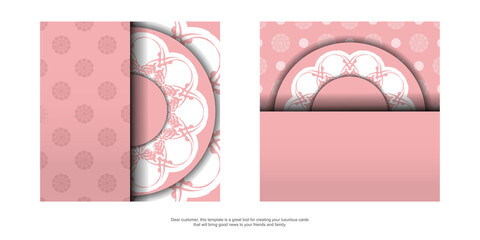 Pink color flyer template with Greek white pattern for your design.