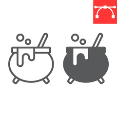 Witch cauldron line and glyph icon, holiday and halloween, witch pot vector icon, vector graphics, editable stroke outline sign, eps 10.