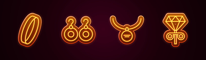 Set line Wedding ring, Earrings, Locket on necklace and Stud earrings. Glowing neon icon. Vector