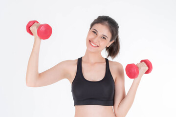 Beautiful fitness slim fit woman in sportswear working push up with weights dumbbells , beauty cute girl sexy woman in sportswear exercising - isolated on white background