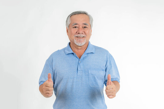 Asian Senior Man , Old Man Giving A Thumb Up Feel Happy Good Health On White Background - Lifestyle Senior Success In Business Or In Personal Life Concept