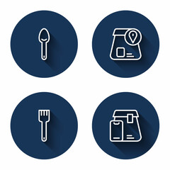 Set line Spoon, Online ordering food, Fork and with long shadow. Blue circle button. Vector