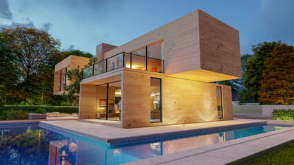 Big contemporary villa in light wood with pool and garden in the evening - obrazy, fototapety, plakaty