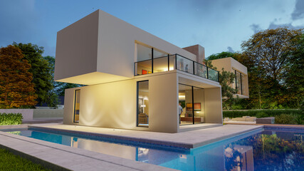 Big contemporary white villa with pool and garden in the evening