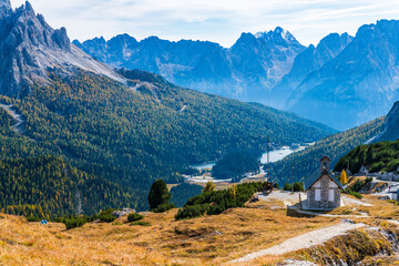 Autumn panorama on Monte Piana. View from the trenches to the three peaks of Lavaredo. Dolomites.