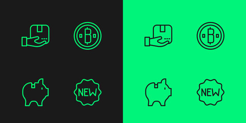 Set line Price tag with New, Piggy bank, Delivery hand box and Cryptocurrency coin Bitcoin icon. Vector