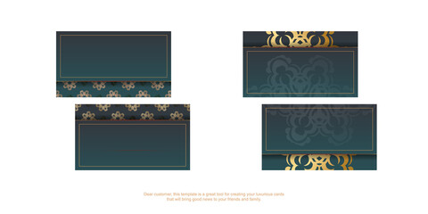 Business card with gradient green color with vintage gold ornaments for your contacts.