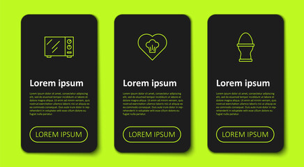 Set line Microwave oven, Chef hat and Chicken egg on stand. Business infographic template. Vector