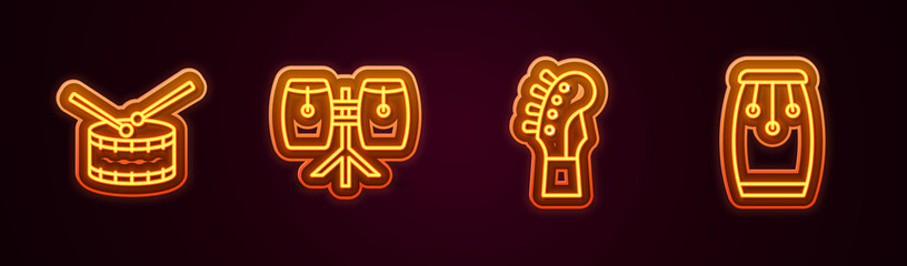 Set line Drum with drum sticks, Conga drums, Guitar neck and . Glowing neon icon. Vector