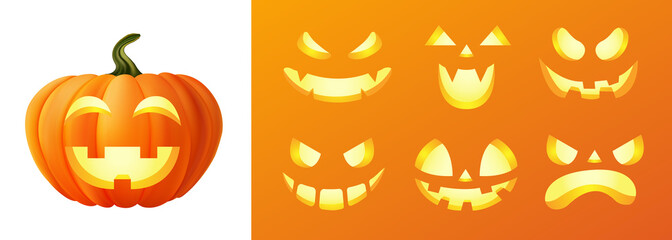 Happy halloween 3D realistic scary jack lantern different faces set collection