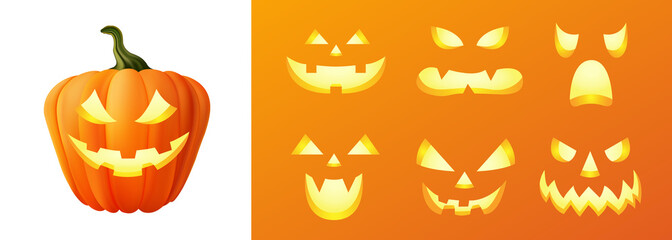Obraz premium Happy halloween 3D realistic scary jack lantern different faces set collection