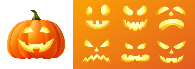 Happy halloween 3D realistic scary jack lantern different faces set collection