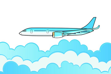 Airplane side view flying over the cloud drawing in vector