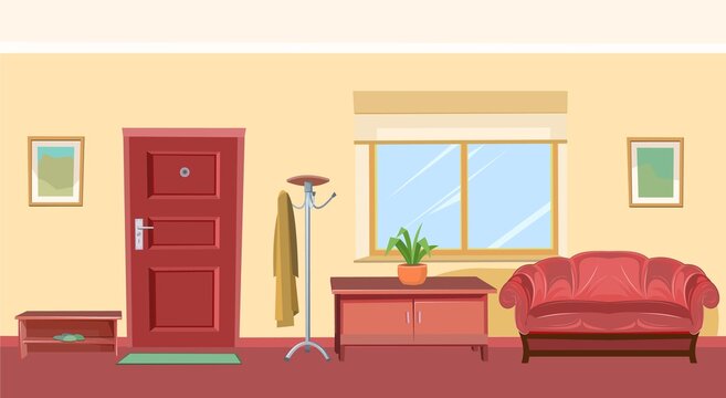 Hallway interior. Cozy room in a residential building. Door and window. Furniture in the interior. The walls are painted or covered with yellow wallpaper. Illustration cartoon style flat design