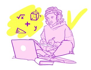teenage girl in headphones with laptop and notepad is being trained vector graphics