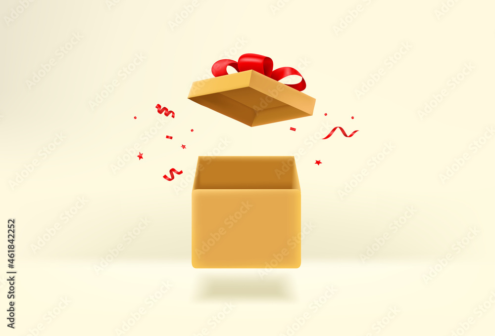 Poster opened empty gift box with ribbons and confetti