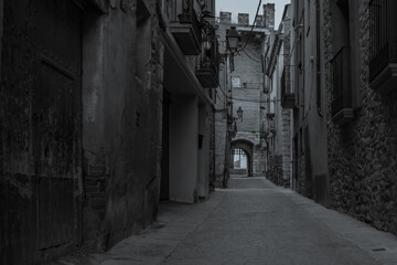 Black white picture of the fortified town Montblanc in Tarragona, Catalunya, Spain - Powered by Adobe