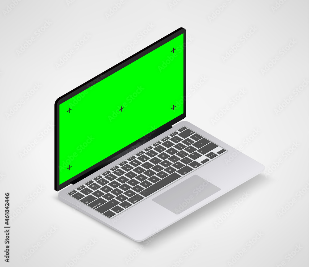 Poster Modern laptop computer vector mockup. Vector notebook with green screen