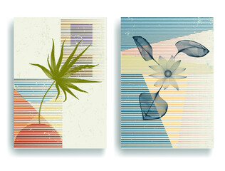 Modern flyers with minimalist design elements . Botanical art. Backgrounds in Boho style  . Wall art , home deco . Contemporary posters with leaves and geometric shapes .Vector abstract flyers.