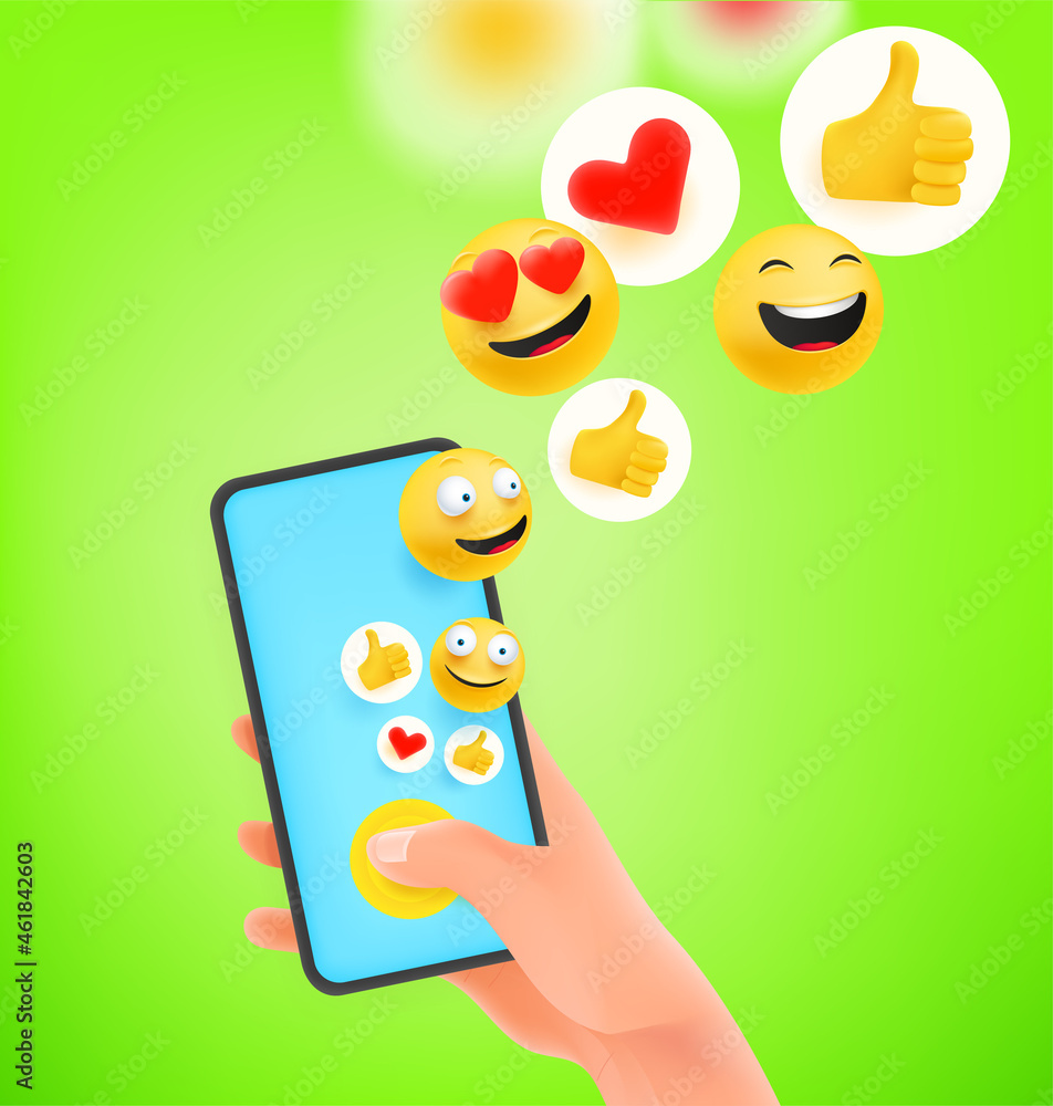 Aufkleber man pressing button on smartphone. using social media with mobile phone