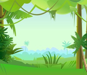 Fototapeta premium Jungle creepers. Dense thickets. View from the forest. Southern Rural Scenery. Tropical forest panorama. Illustration in cartoon style flat design. Vector