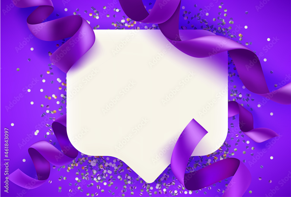 Poster blank white speech bubble with violet ribbons. greeting card template with copy space