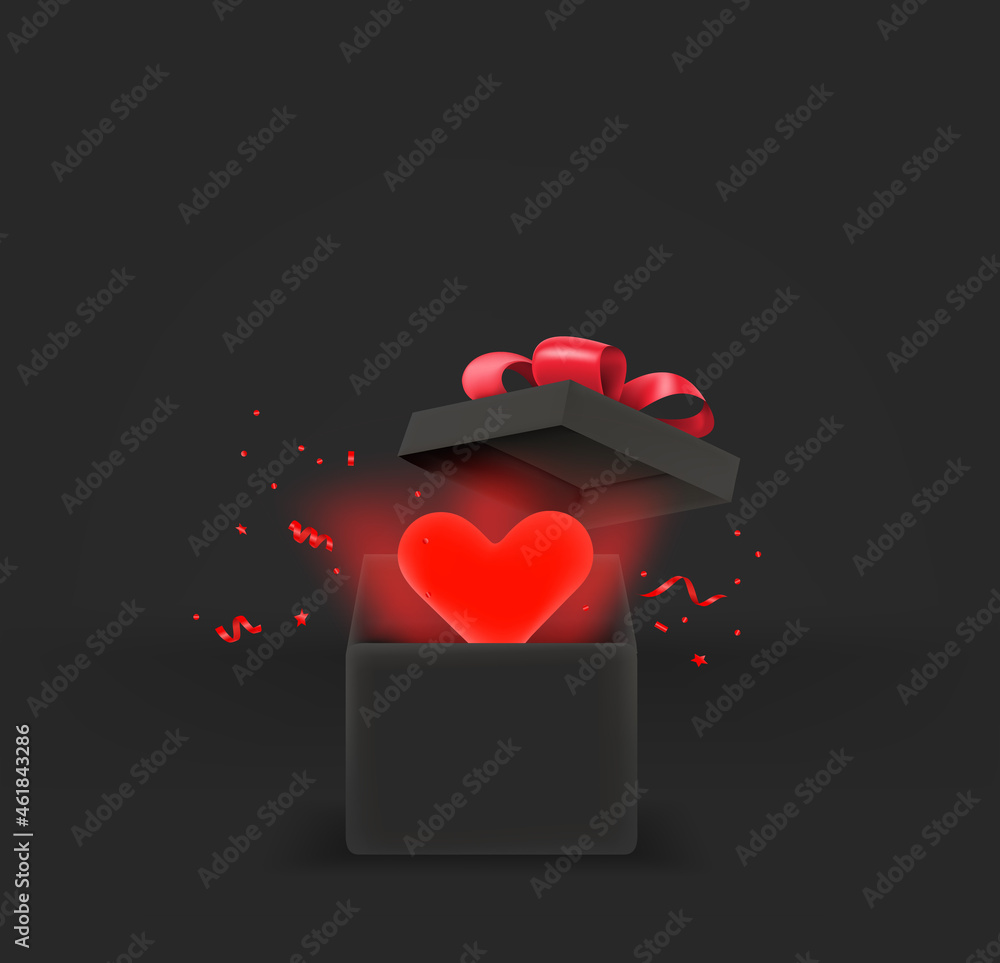 Poster Opened gift box with red heart. 3d style vector banner with copy space