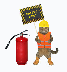 A beige cat in a construction helmet holds a fire extinguisher and a poster that says safety first. White background. Isolated.