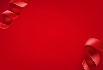 Red silk ribbons on red background. Banner with copy space