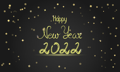 Fototapeta na wymiar Happy New Year 2022 banner on black background. Lettering Happy New Year 2022. Shiny party background with confetti and glossy sparkles. Concept for holiday decor, card, poster, banner, flyer