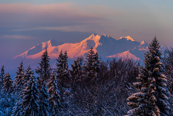 Mountain winter peaks in the rising sun, Tatra Mountains, Poland