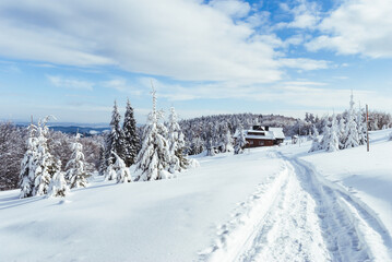 Obraz premium The view from the mountain glade to the snow-capped hills and forests, Beskids, Poland