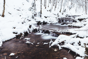 Mountain stream on a winter day, Beskids, Poland
