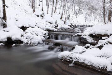 Mountain stream on a winter day, Beskids, Poland