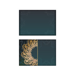 Template Greeting card with a gradient of green color with an abstract gold ornament for your design.