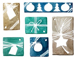 Set of watercolor tags for christmas gifts or packaging