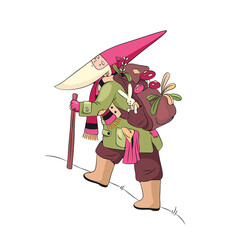 A cute fairy gnome walks up the hill with a backpack. Vector illustration. The character