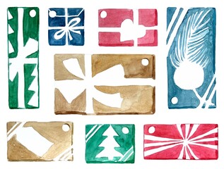 Set of watercolor tags for christmas gifts or packaging