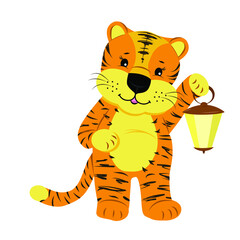 Cute tiger with a flashlight, leaves and flowers. The Chinese symbol is the Year of the Tiger