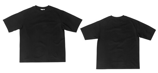 Blank black oversize t-shirt mockup front and back isolated on white background with clipping path. - obrazy, fototapety, plakaty
