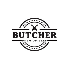 Butcher classic emblem with crossed knife logo design