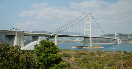 Tsing Ma Suspension bridge in Hong Kong city