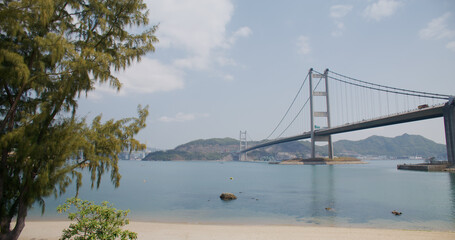 Tsing Ma Suspension bridge in Hong Kong city