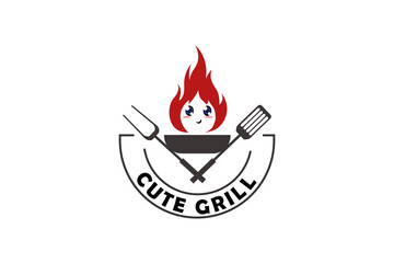 Cute Fire with fork for grill logo. a design or emblem commonly used by commercial enterprises