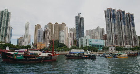 Fototapeta premium Ferry cross the Aberdeen bay in Hong Kong