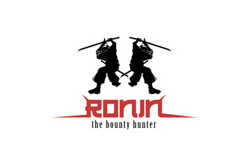 twins silhouette of samurai with Text of Ronin.  a design or emblem commonly used by commercial enterprises